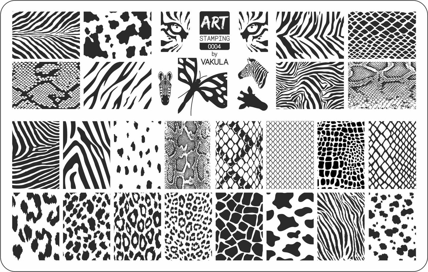 Collection of black and white animal print patterns on a white background
