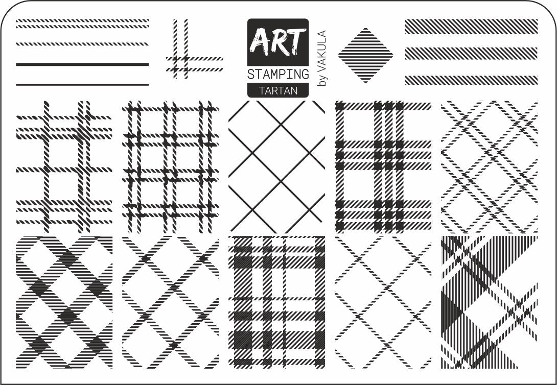Set of tartan patterns on a white background with 'Art Stamping' and 'Vakula' branding.