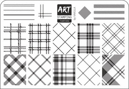 Set of tartan patterns on a white background with 'Art Stamping' and 'Vakula' branding.
