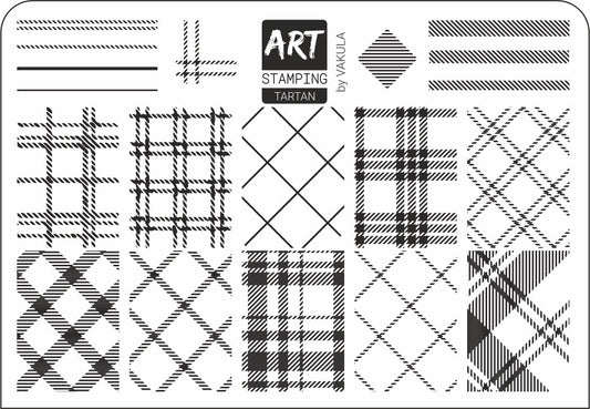 Set of tartan patterns on a white background with 'Art Stamping' and 'Vakula' branding.