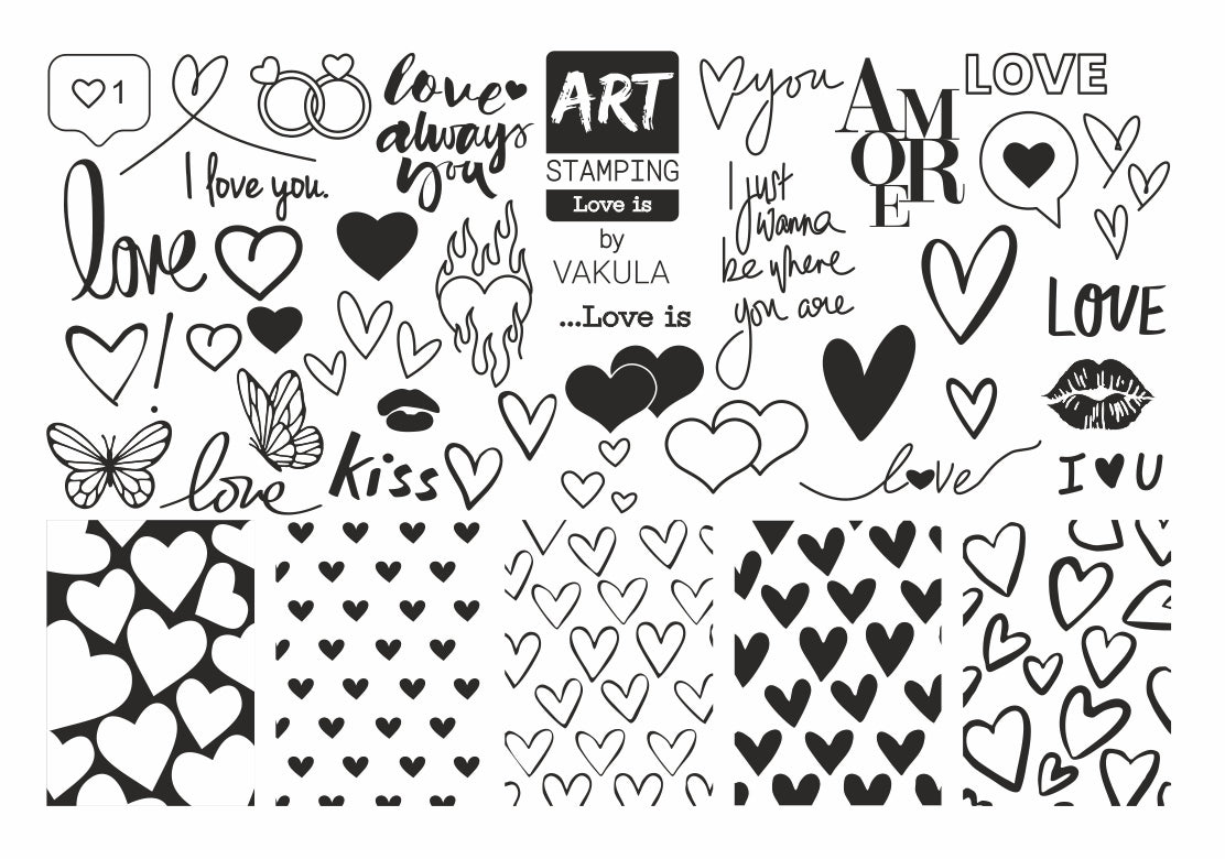 Collection of black and white love-themed designs on a white background