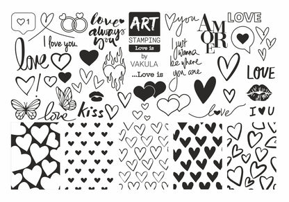 Collection of black and white love-themed designs on a white background