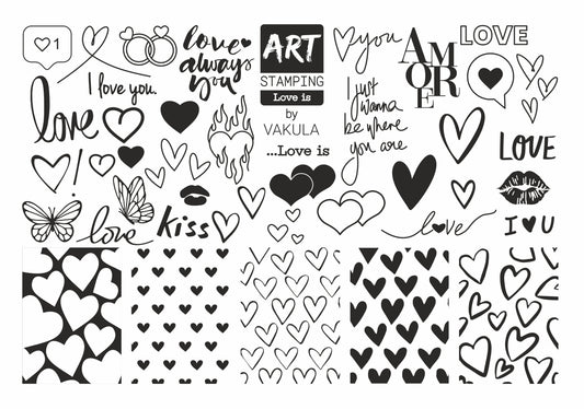 Collection of black and white love-themed designs on a white background