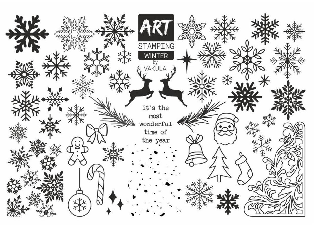 Collection of black Christmas and winter-themed stamps on a white background with 'Art Stamping by Vakula' branding.