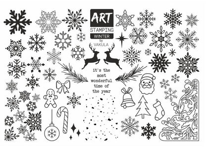 Collection of black Christmas and winter-themed stamps on a white background with 'Art Stamping by Vakula' branding.