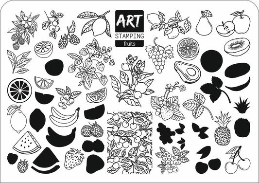Image of designs available on "Fruits" art  stamping mini plate. Stylized black and white fruits and plants on a white background with 'Art Stamping' branding.