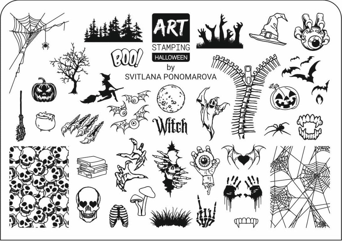 Halloween-themed stamping plate with various designs on a white background