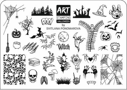 Halloween-themed stamping plate with various designs on a white background