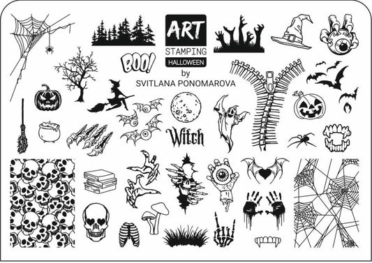 Halloween-themed stamping plate with various designs on a white background