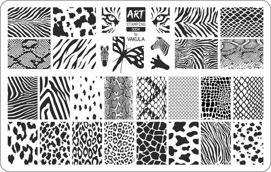Collection of black and white animal print patterns on a white background