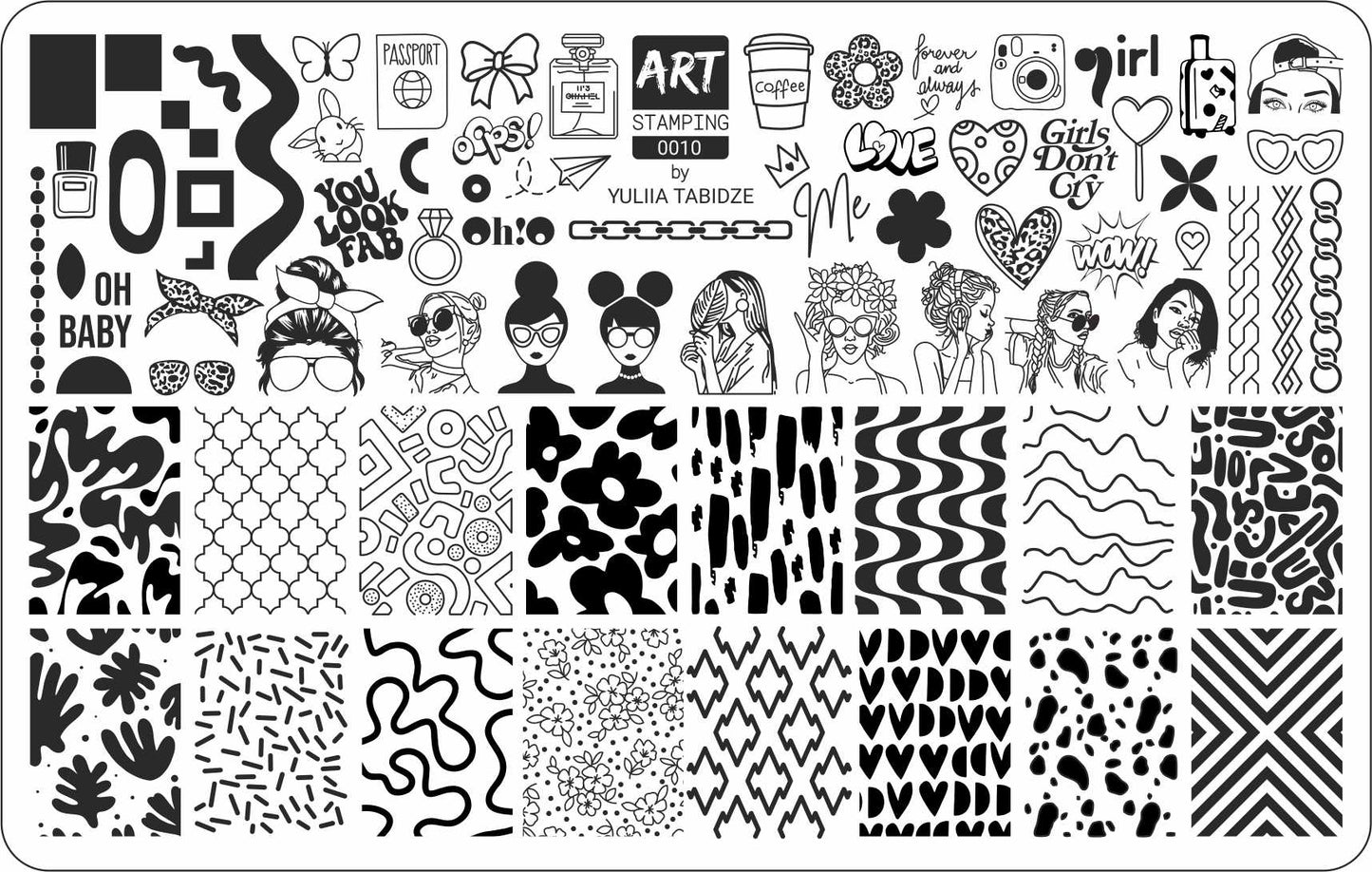 Collection of black and white patterns and designs on a white background