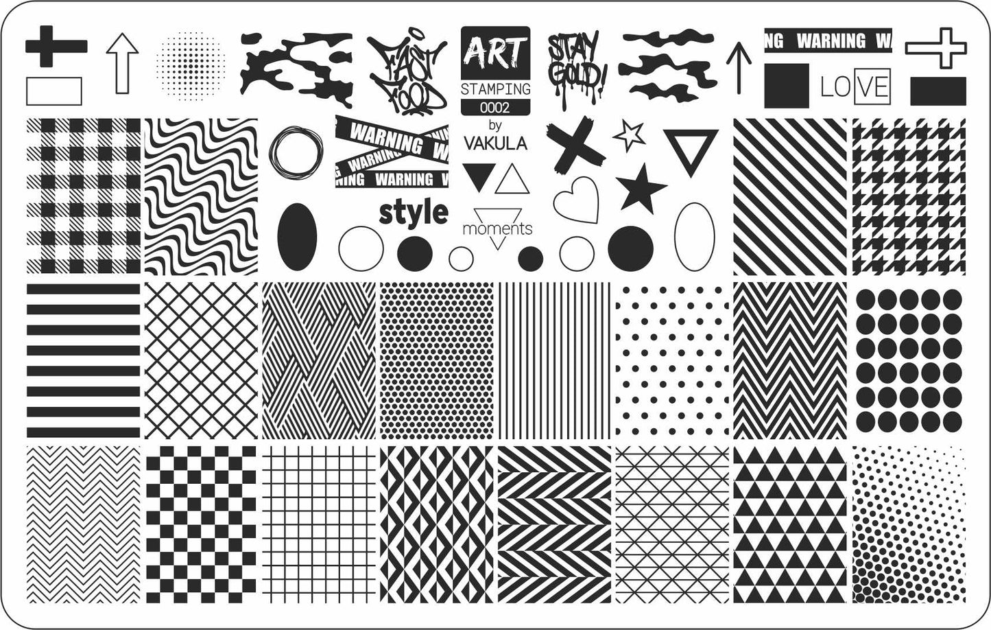 Collection of black and white geometric and patterned stencils on a white background