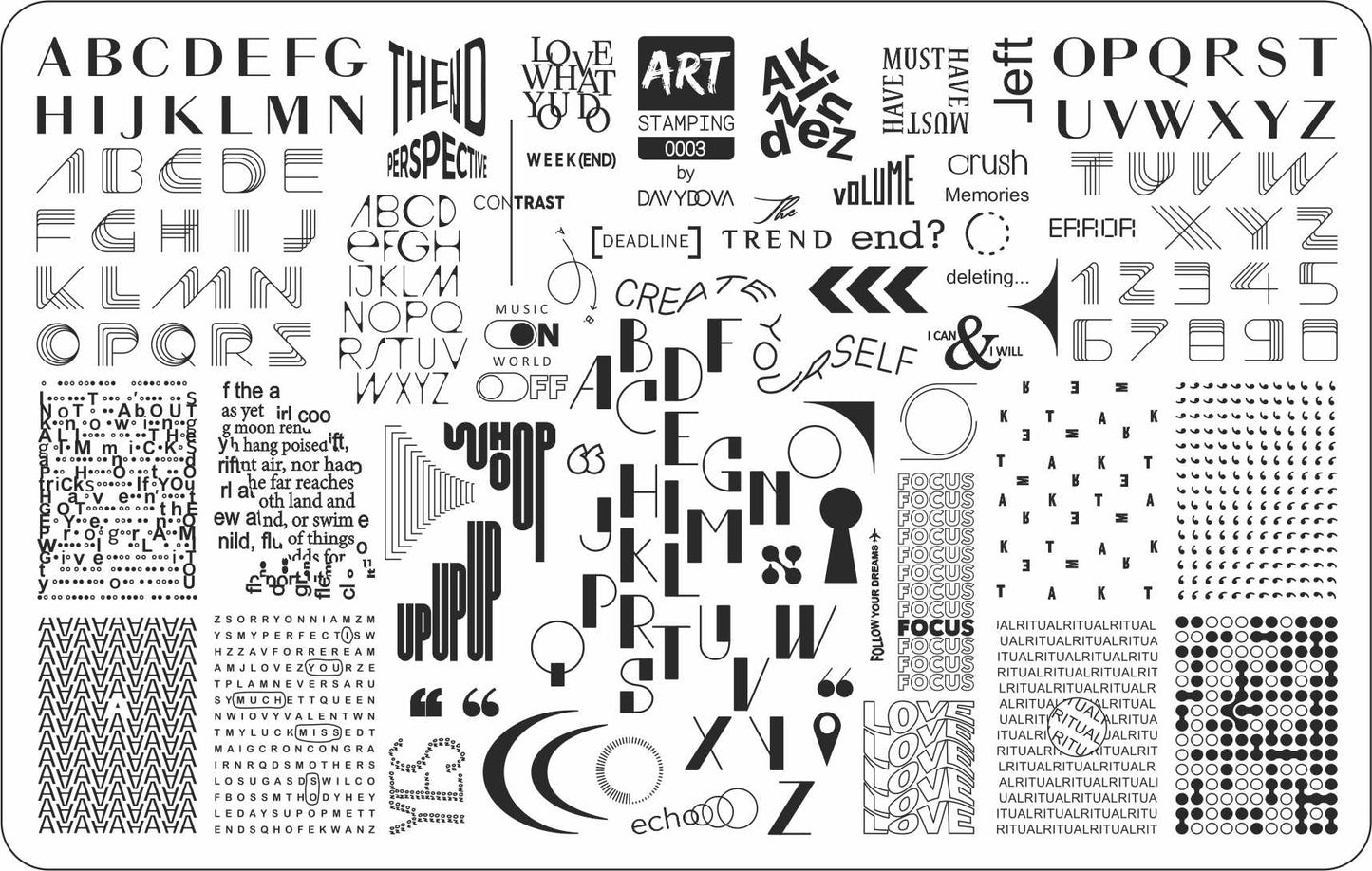 Alphabet and number stamp set with various fonts and styles on a white background