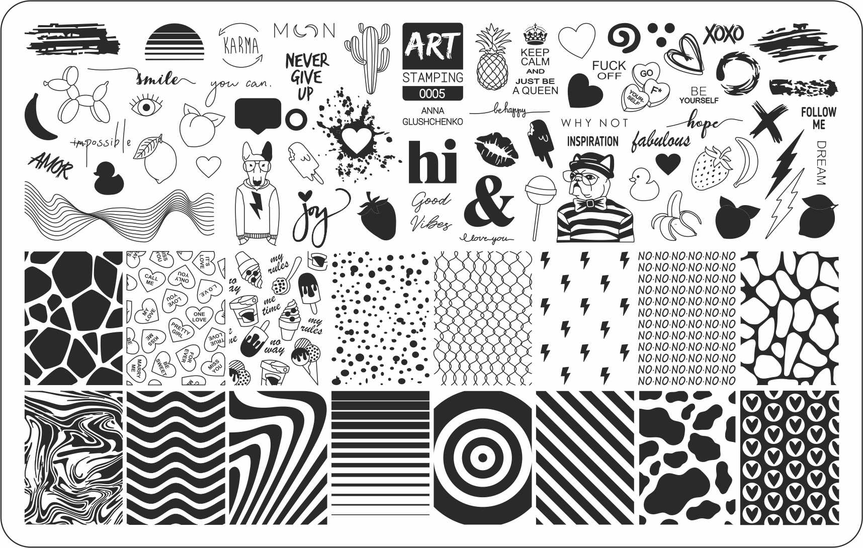 Collection of black and white  art stamping designs on a white background