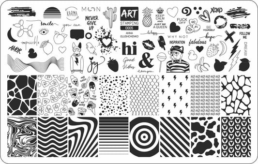 Collection of black and white  art stamping designs on a white background