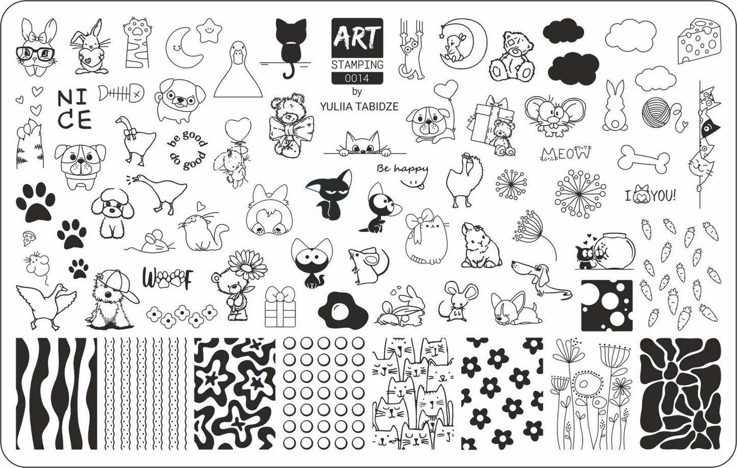 Black and white stamping plate with various designs and text