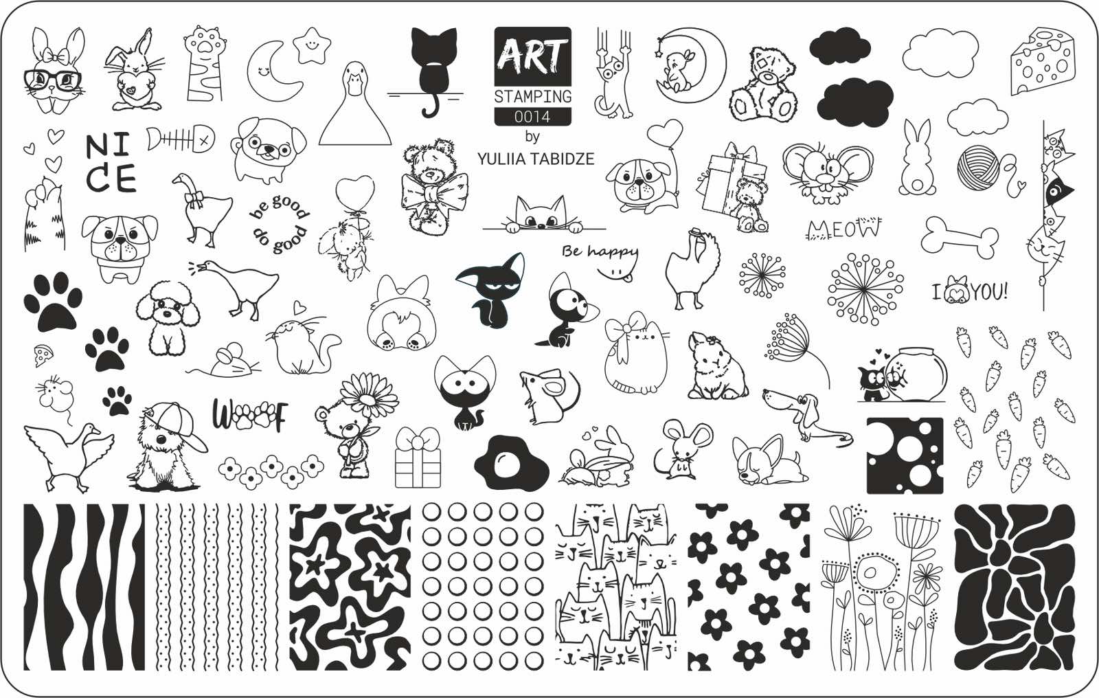 Black and white stamping plate with various designs and text