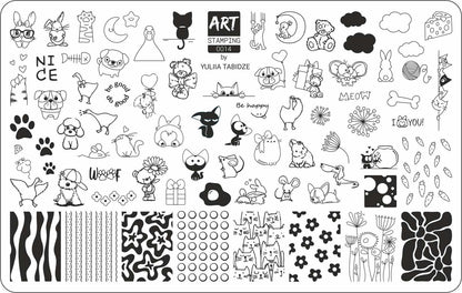 Black and white stamping plate with various designs and text