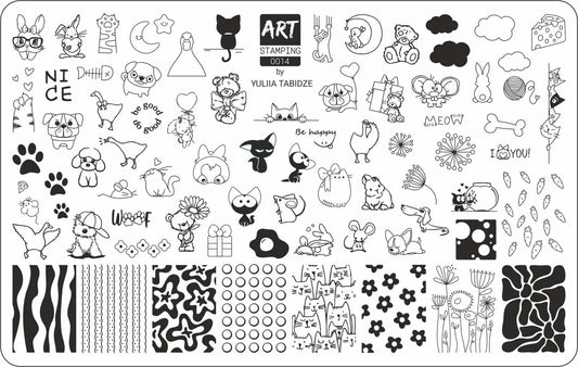 Black and white stamping plate with various designs and text