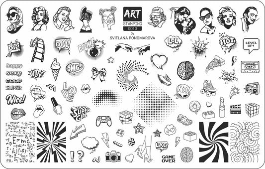 Stamping plate with various black and white Pop Art designs and text. Images of Merlin Monroe, Salvador Dali, joysticks, pizza, gaming quote "level up", etc.