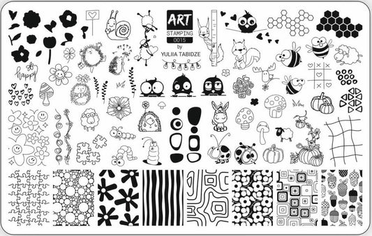 Nail art stamping plate with various tiny garden designs on a white background