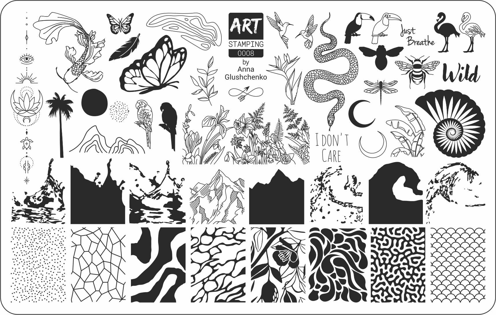 Collection of black and white artistic designs on a white background