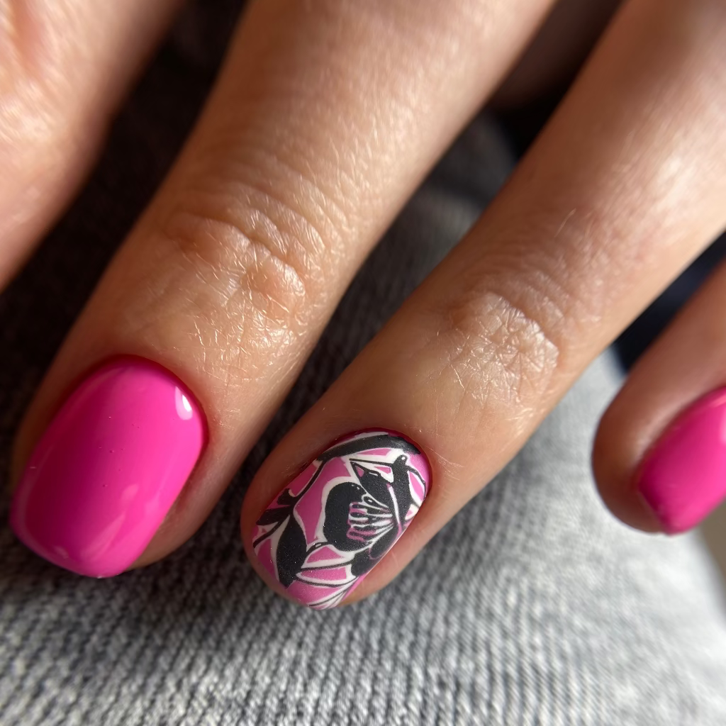 Close-up of a hand with pink nail polish on a gray fabric background
