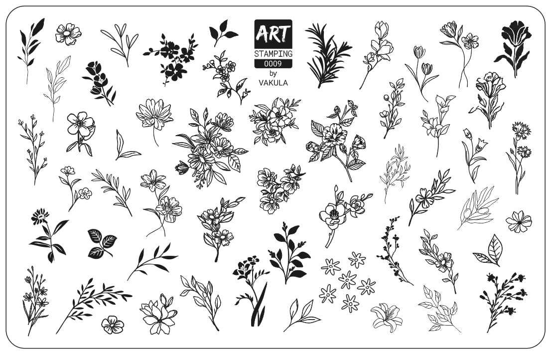 Stamping plate with black floral designs on a white background