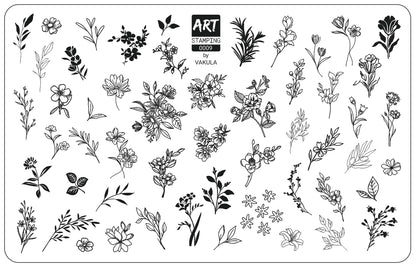 Stamping plate with black floral designs on a white background