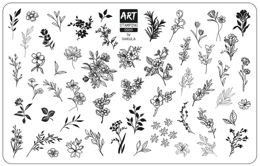 Stamping plate with black floral designs on a white background