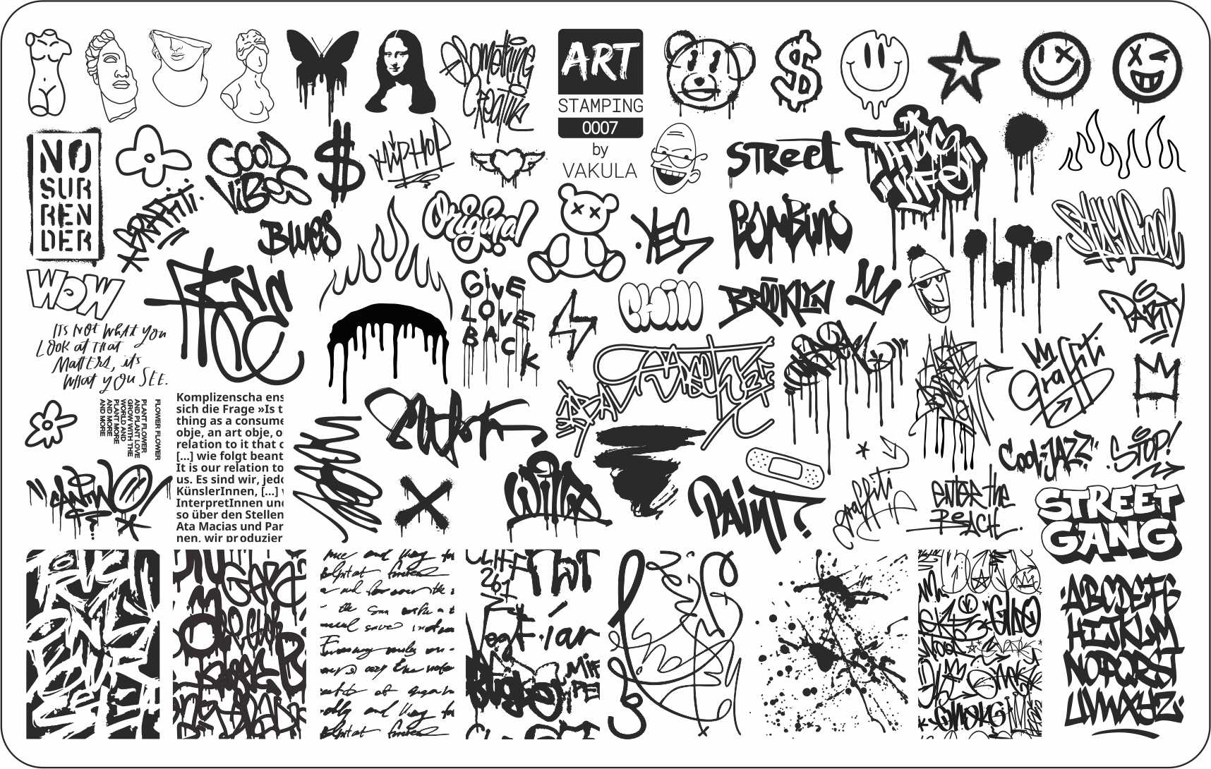 Graffiti-style art stamping plate with various designs and text.