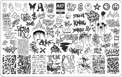 Graffiti-style art stamping plate with various designs and text.