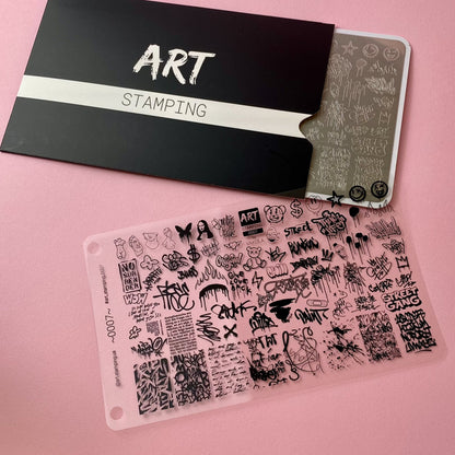 Art stamping tools with a black book labeled 'Art Stamping' on a pink background