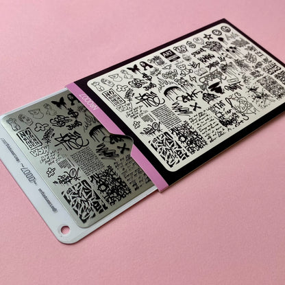 Two nail art stamping plates with black designs on a pink background